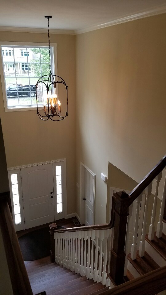 Example of a medium tone wood floor foyer design with beige walls and a white front door