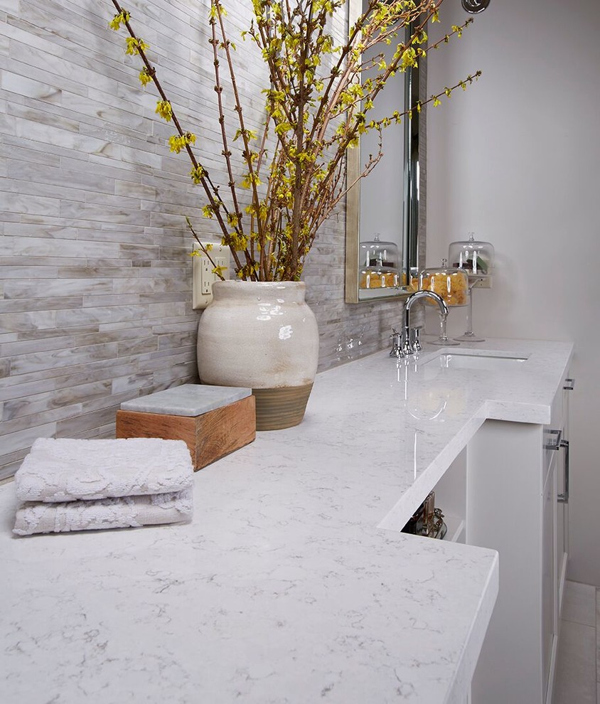 Bathroom - large transitional master gray tile and matchstick tile porcelain tile and beige floor bathroom idea in Phoenix with shaker cabinets, white cabinets, white walls, an undermount sink and quartz countertops