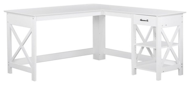 Saint Birch L-Shaped Farmhouse Wood Desk with 2 Shelves in White