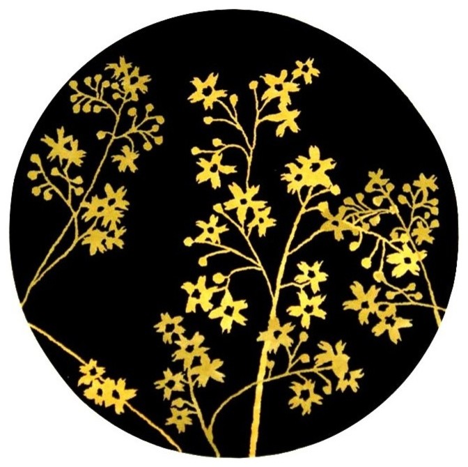 Round 6 Ft Contemporary Rug in Black & Gold Floral