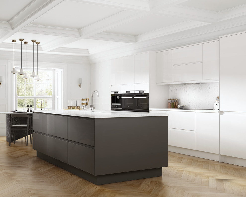Large contemporary single-wall eat-in kitchen in Other with a double-bowl sink, flat-panel cabinets, quartzite benchtops, white splashback, panelled appliances, medium hardwood floors, with island, brown floor and white cabinets.