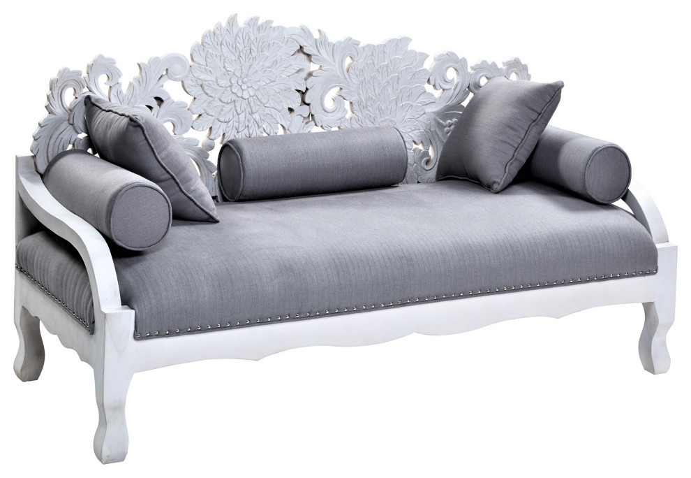 Hand Carved White Wood Lace Lotus Daybed Sofa with Throw Pillows