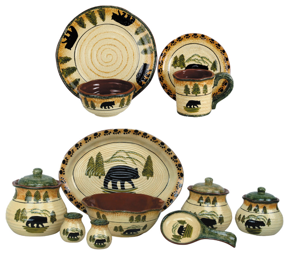 Rustic Bear Dinnerware and Canister Set, 24 Piece Rustic Dinnerware Sets by HiEnd Accents