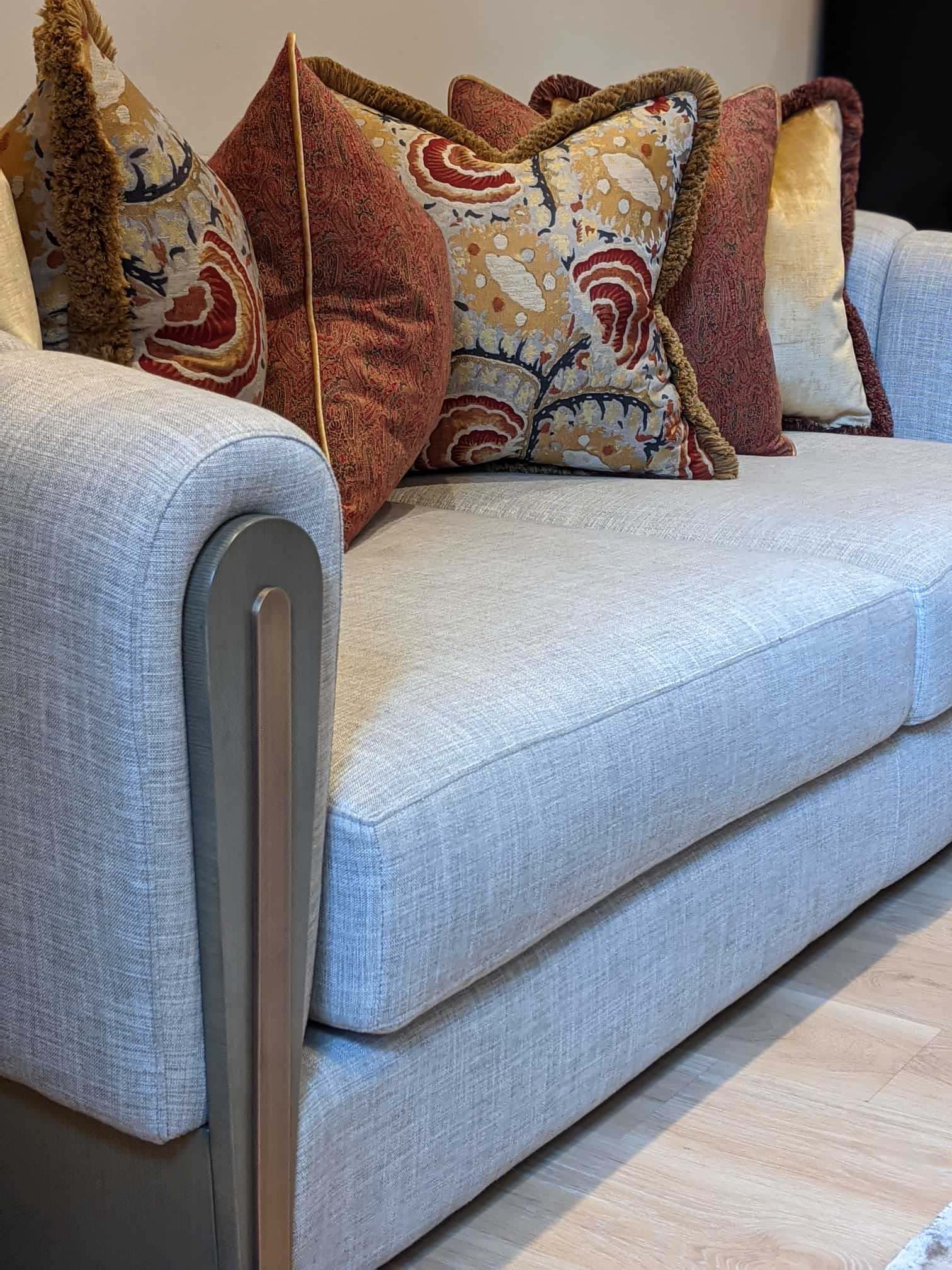 Bespoke Sofa with fluted back & armrests with oak veneer & antique brass