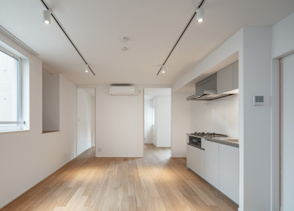 Small asian single-wall open plan kitchen in Tokyo with an undermount sink, flat-panel cabinets, grey cabinets, stainless steel benchtops, green splashback, ceramic splashback, stainless steel appliances, plywood floors and brown floor.