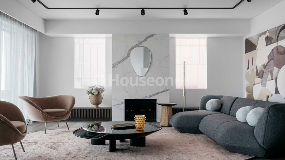Inspiration for a large contemporary open concept living room in Other with a home bar, grey walls, bamboo floors, a corner fireplace, a concrete fireplace surround, a wall-mounted tv, grey floor, wood and planked wall panelling.