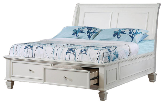 Benzara BM206615 Wooden Full Size Bed, Sleigh Style Headboard & 2 Drawers, White