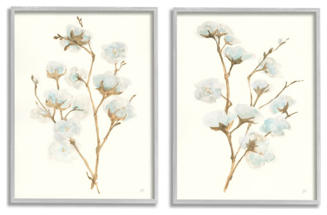 Cotton Flower Stems Rustic Floral Farmhouse Painting,2pc, each 11 x 14
