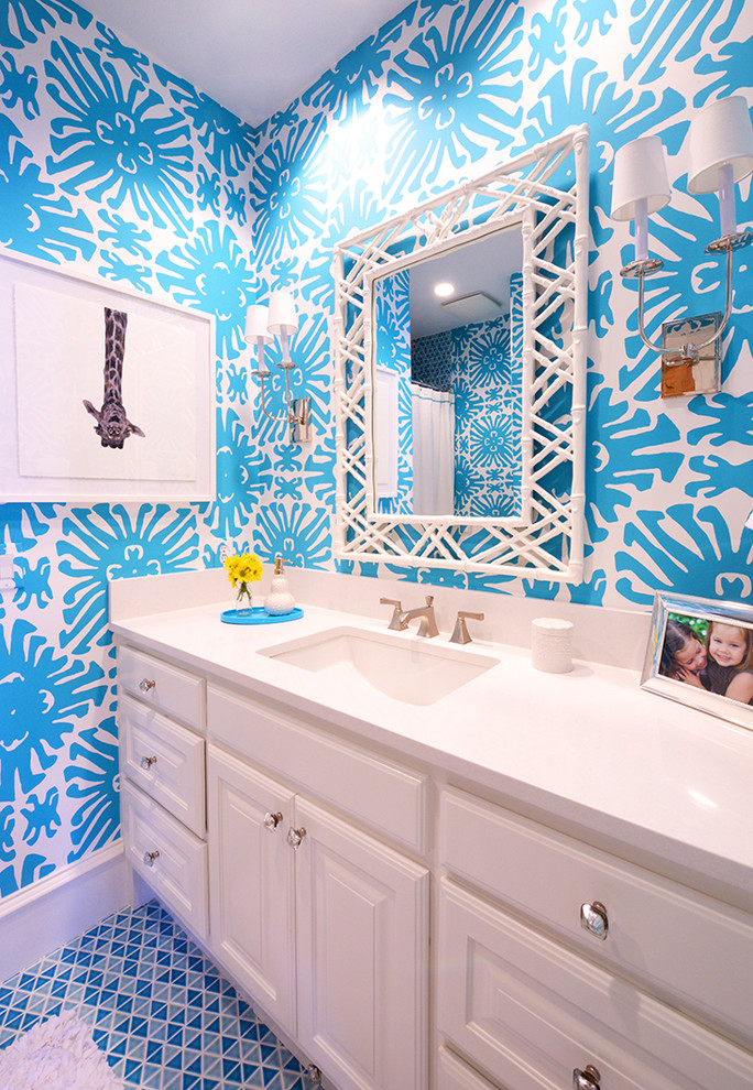 Bathroom - traditional mosaic tile floor bathroom idea in Dallas with an undermount sink, raised-panel cabinets, white cabinets and multicolored walls