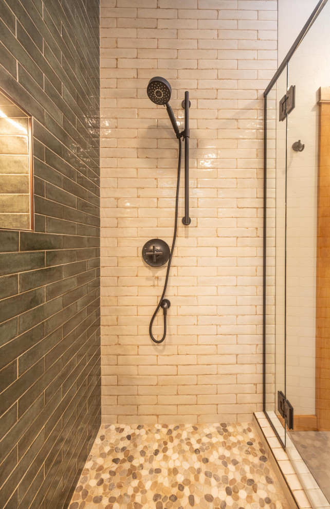 Inspiration for a large rustic master multicolored tile and ceramic tile porcelain tile, gray floor and double-sink doorless shower remodel with shaker cabinets, medium tone wood cabinets, a one-piece toilet, beige walls, an undermount sink, quartzite countertops, a hinged shower door, gray countertops, a niche and a floating vanity