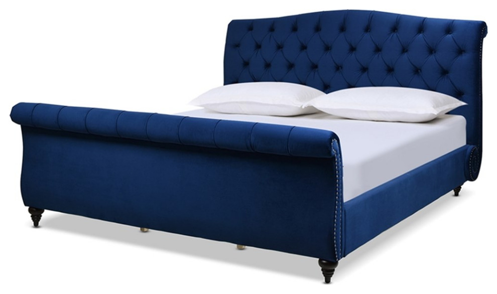 Maklaine King Bed Frame with Headboard & Footboard Navy Blue Velvet