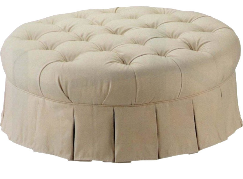 Traditional Styled 42" Round Tufted Ottoman Upholstered In Faux Suede, Cream
