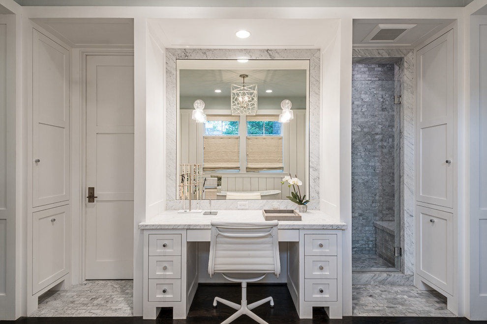 Inspiration for a country bathroom in Houston with white cabinets, an alcove shower, white tile, marble, white walls, marble floors, white floor, a hinged shower door and shaker cabinets.