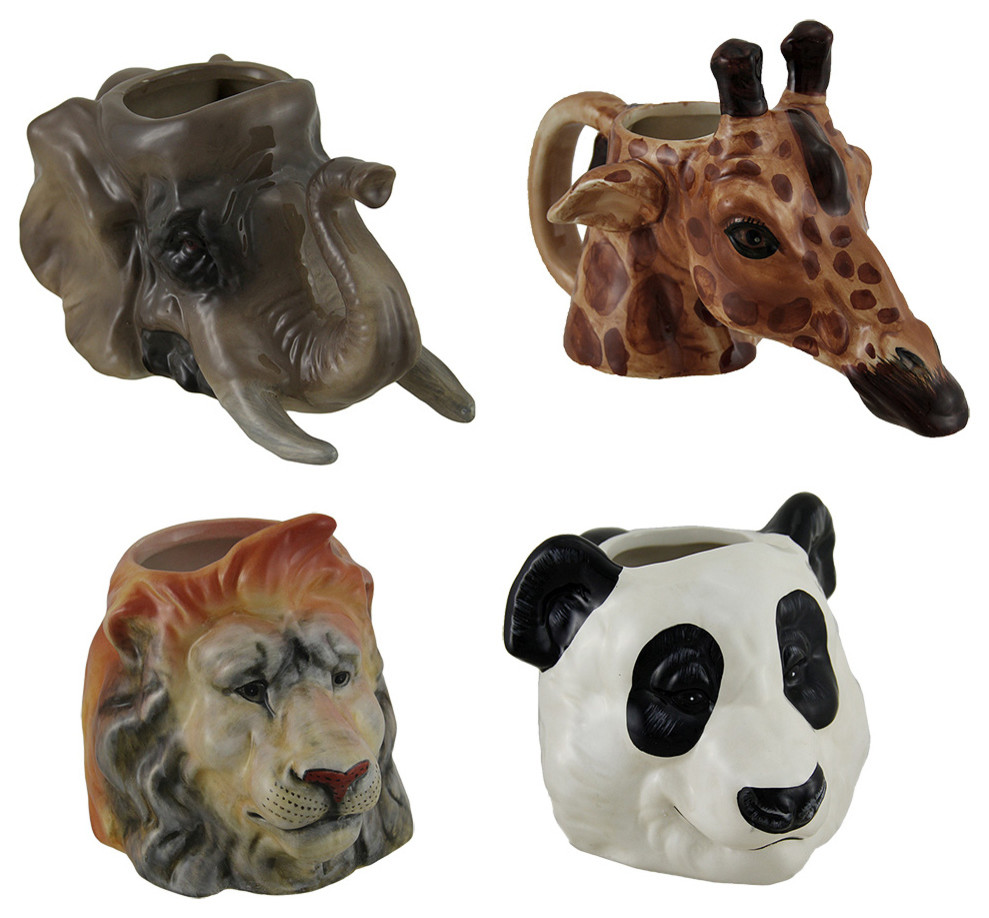 Set of 4 Decorative Animal Head Molded Ceramic Mugs 14 Oz.