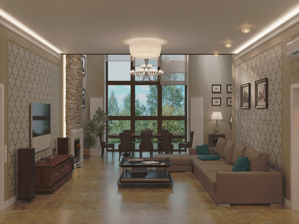 Гостиная, столовая, зона камина, музыкальная и кухня