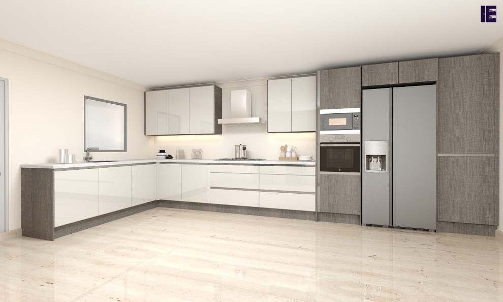 Design ideas for a small modern l-shaped kitchen/diner in London with a single-bowl sink, flat-panel cabinets, grey cabinets, quartz worktops, white splashback, slate splashback, plywood flooring, multi-coloured floors, yellow worktops, a wood ceiling and feature lighting.