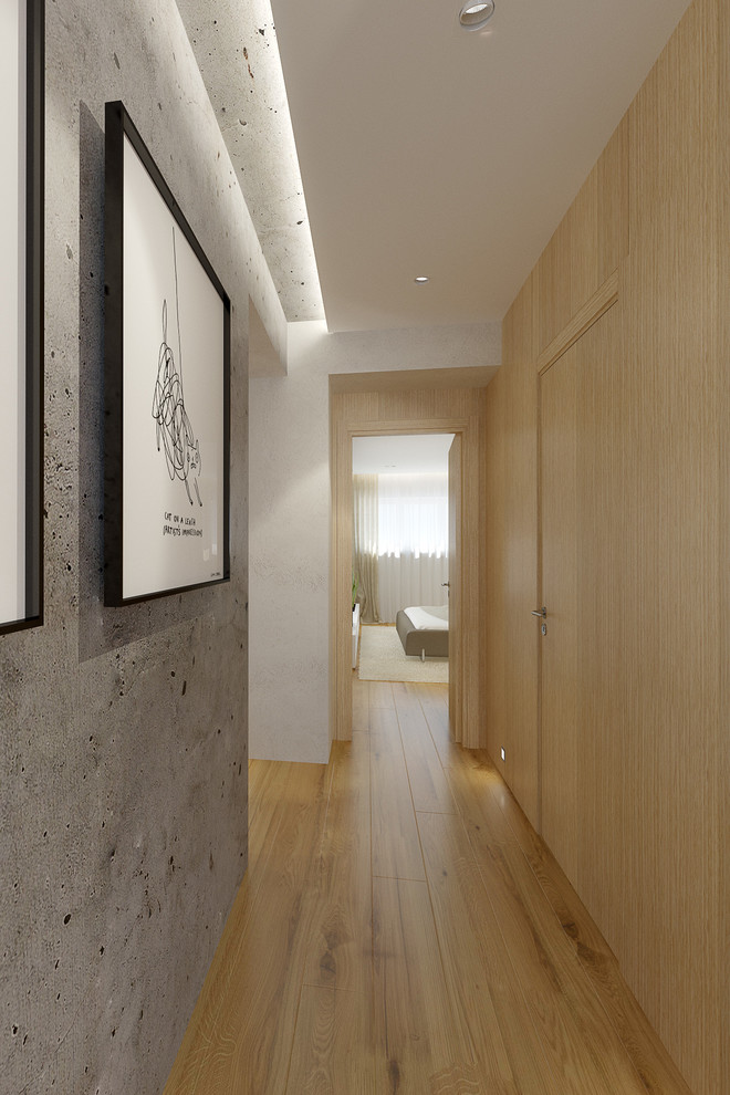 Small trendy light wood floor hallway photo with multicolored walls