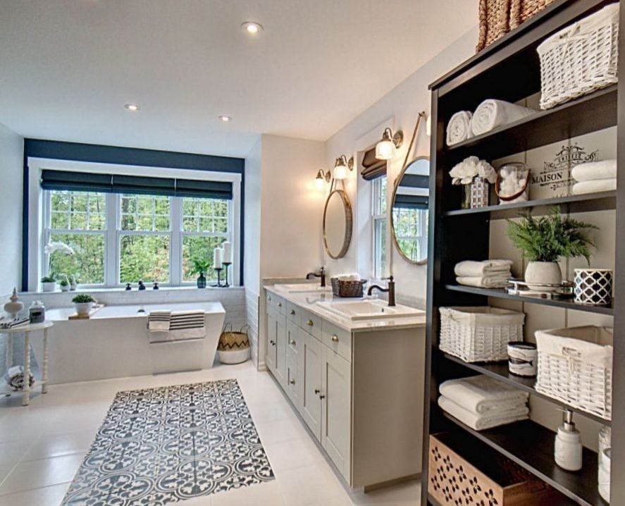 Inspiration for a large country master bathroom in Other with shaker cabinets, green cabinets, a freestanding tub, white tile, ceramic tile, white walls, ceramic floors, a drop-in sink, marble benchtops, white floor and white benchtops.
