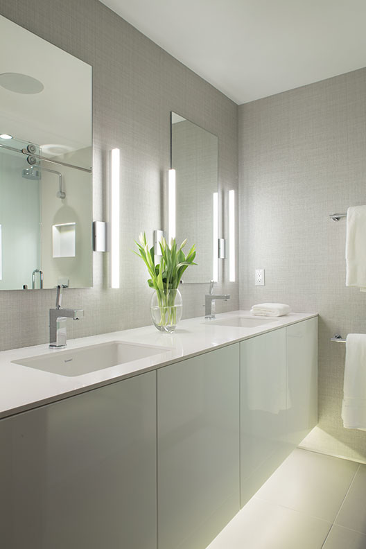 Large modern master bathroom in Denver with a vessel sink, flat-panel cabinets, grey cabinets and white walls.