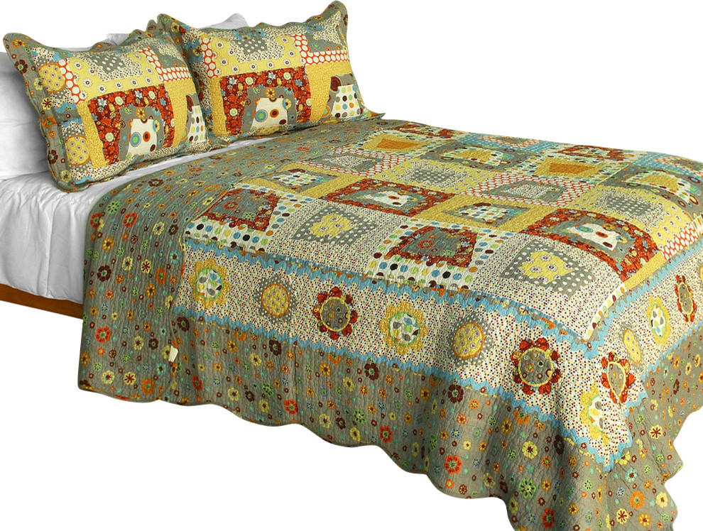 My Childhood Cotton 3PC Vermicelli-Quilted Patchwork Quilt Set (Full/Queen)