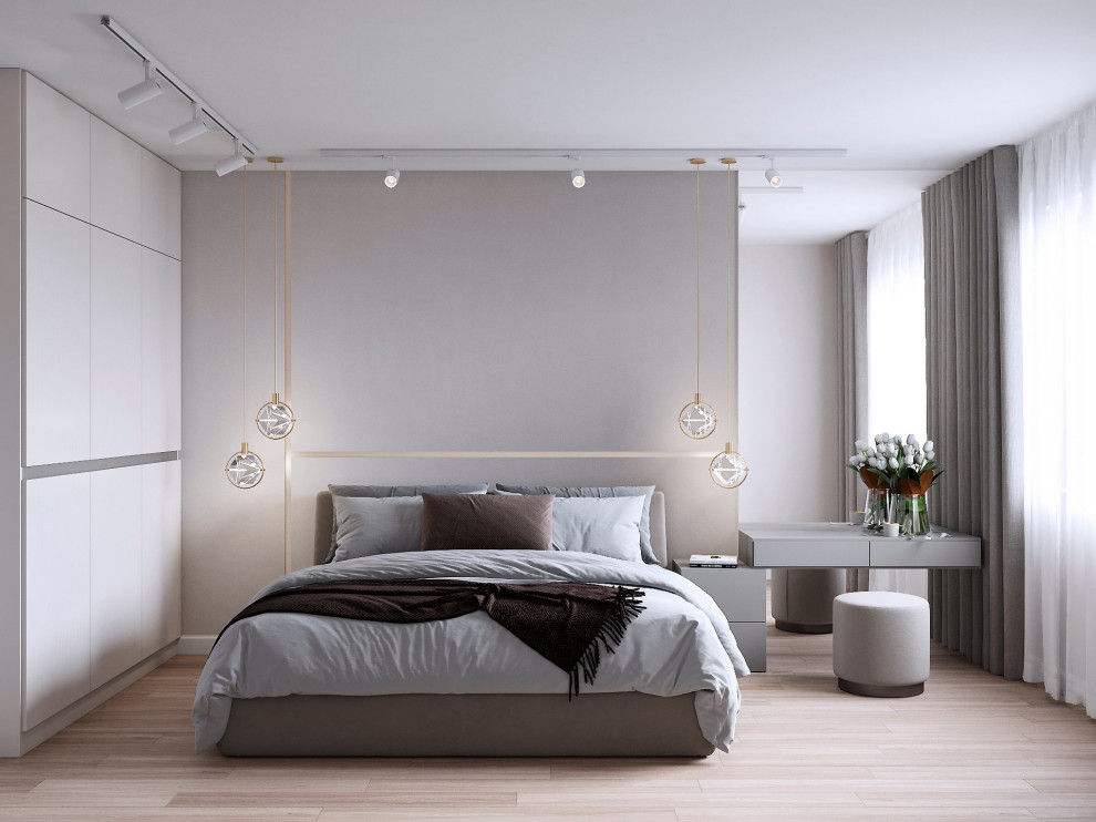 Inspiration pour une petite chambre parentale blanche et bois nordique avec un mur gris et un sol beige.