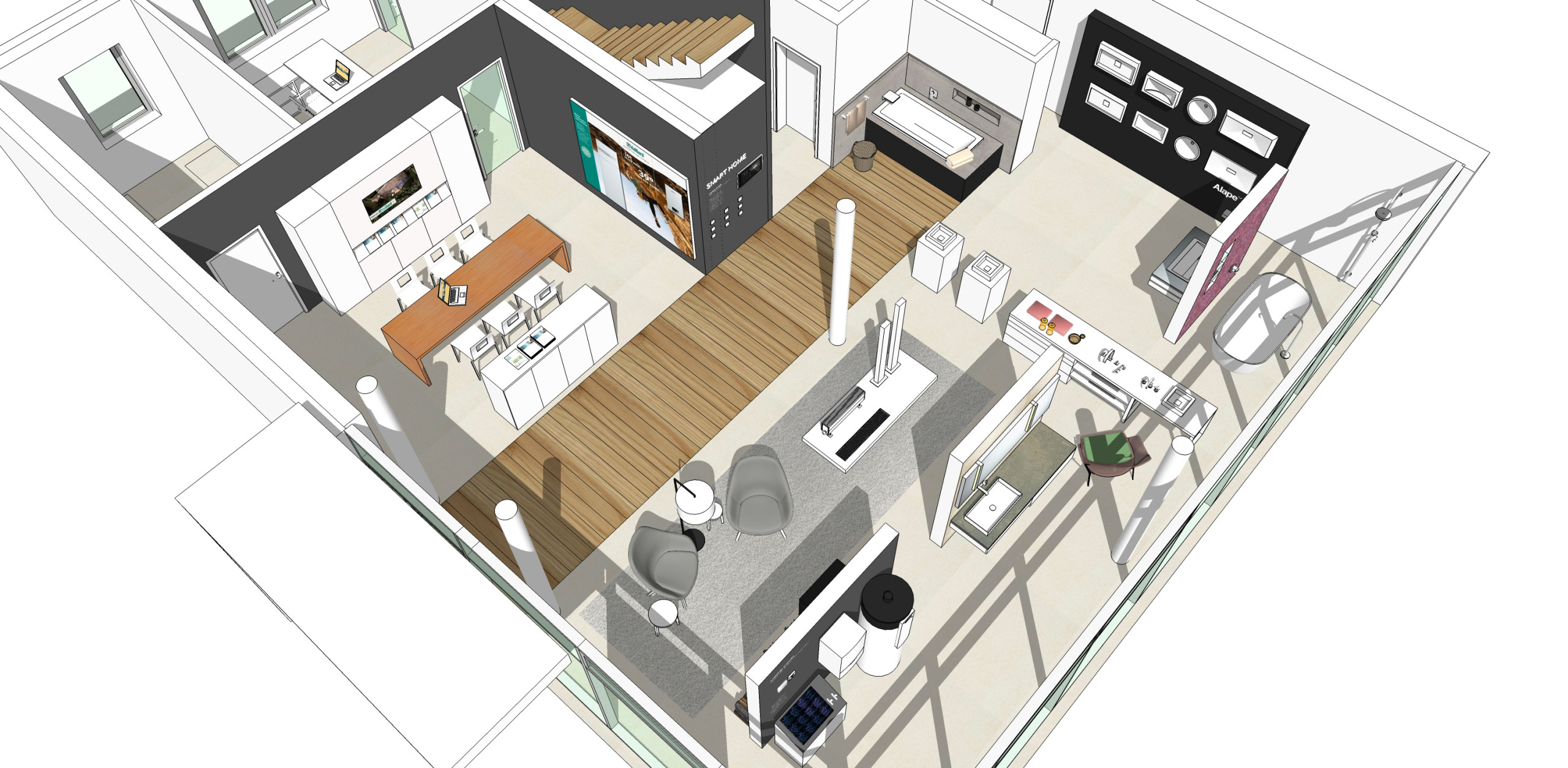 Vesta Showroom Bad Sanitär Heizung Büro Planung Präsentation Umplanung Modernisierung Ausstellung Interior Design NRW Krefeld Lörrach Andernach Architektur Innenarchitektur Gestaltung 3D Haas Mandau