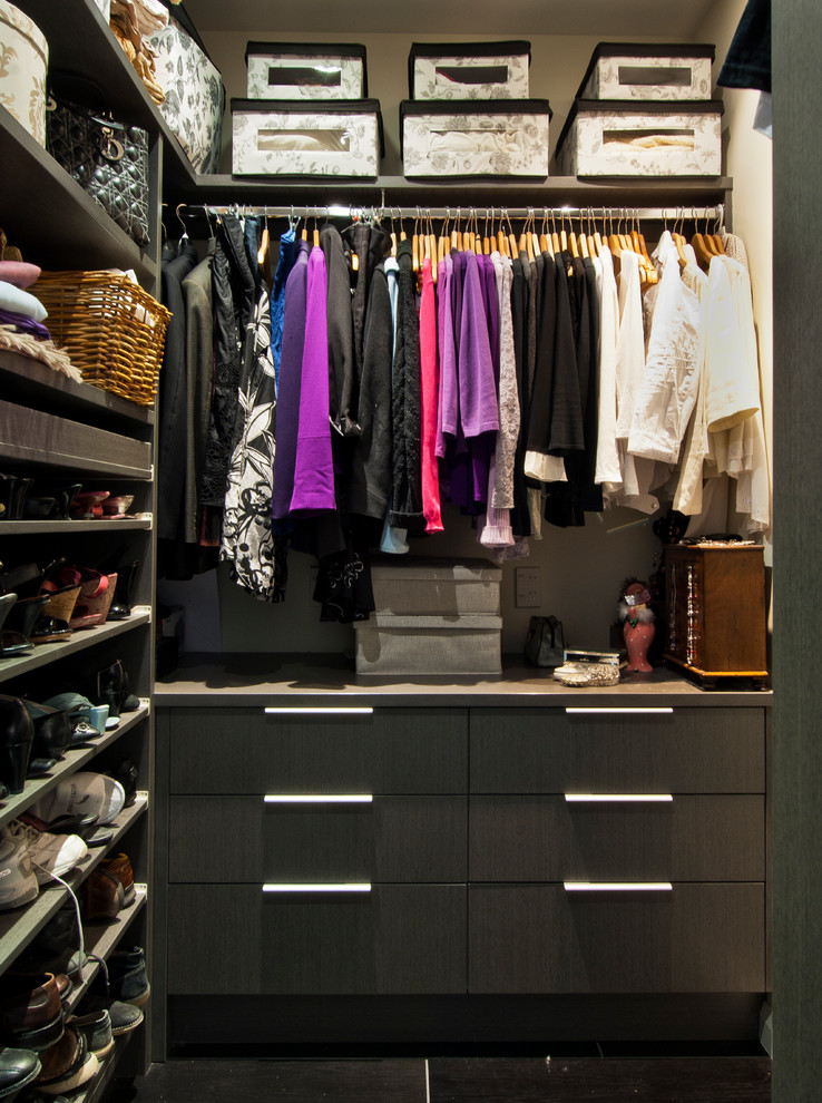 Small contemporary women's walk-in wardrobe in Wellington with flat-panel cabinets, dark wood cabinets, porcelain floors and black floor.