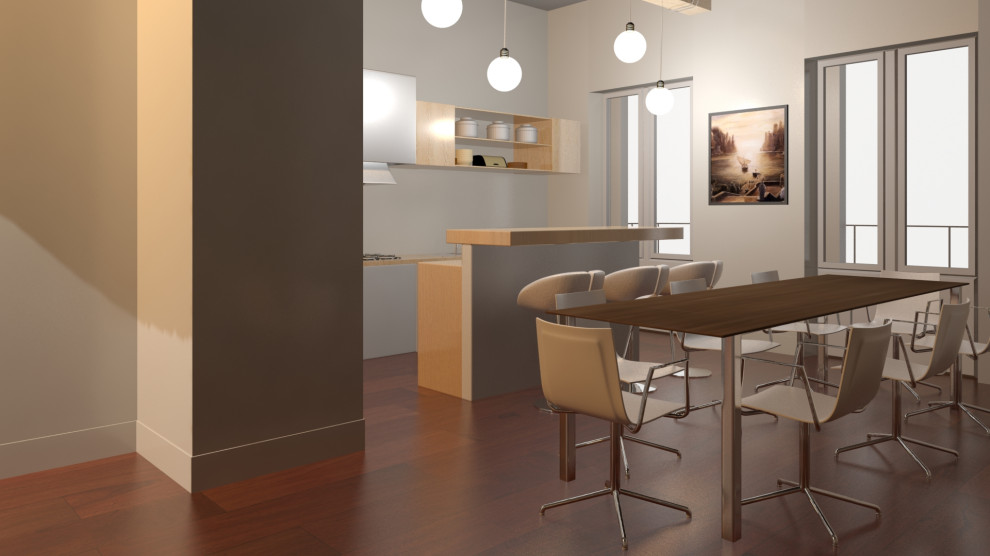 Render di studio degli spazi della zona cucina/pranzo