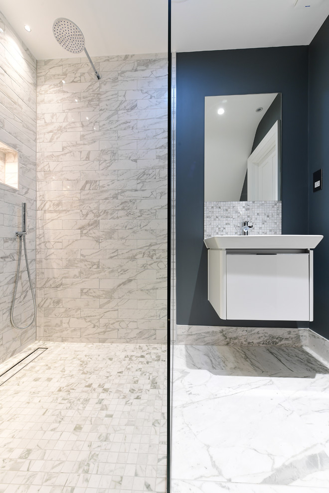Photo of a contemporary bathroom in Oxfordshire with gray tile, porcelain floors, grey floor and ceramic tile.