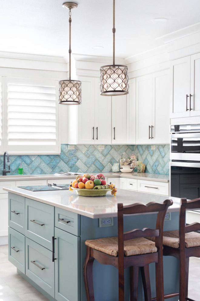 Barker Ridge Drive - Example of an eclectic kitchen design in Austin with an undermount sink, quartzite countertops and ceramic backsplash