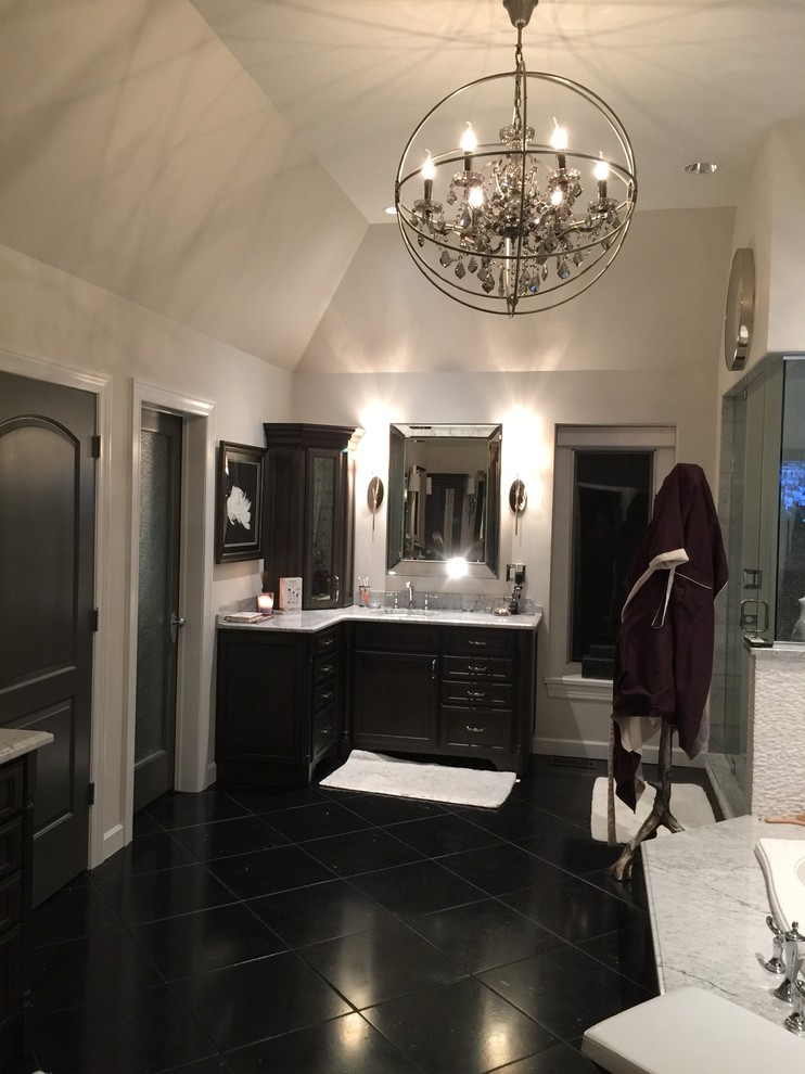 Drop-in bathtub - large transitional master black tile and stone tile marble floor drop-in bathtub idea in Chicago with recessed-panel cabinets, gray cabinets, an undermount sink and marble countertops
