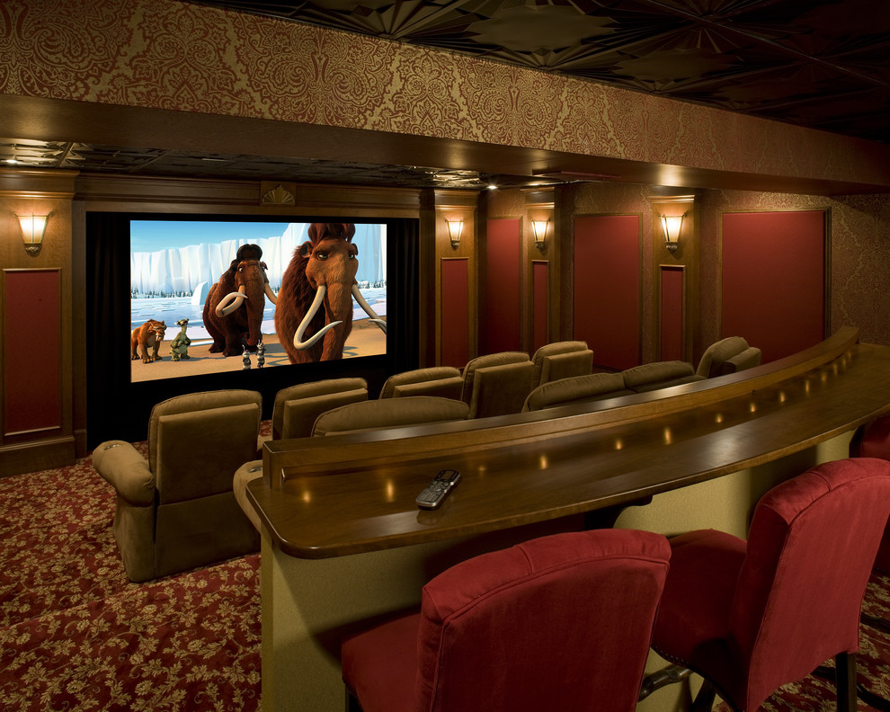 This is an example of a traditional home theatre in Philadelphia with a projector screen.