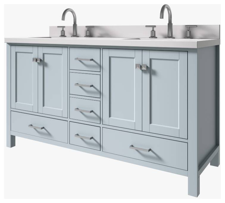 Cambridge Grey 61" Double Rectangle Sink Vanity With White Quartz Top Transitional Bathroom
