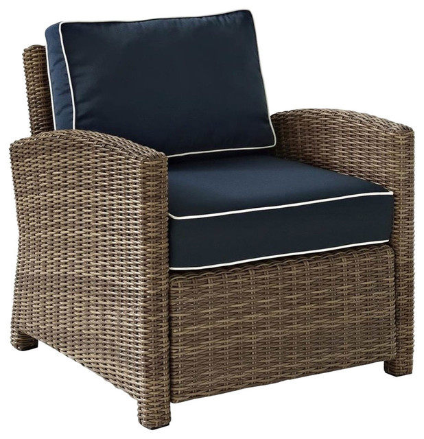 Bradenton Outdoor Wicker Arm Chair With Navy Cushions