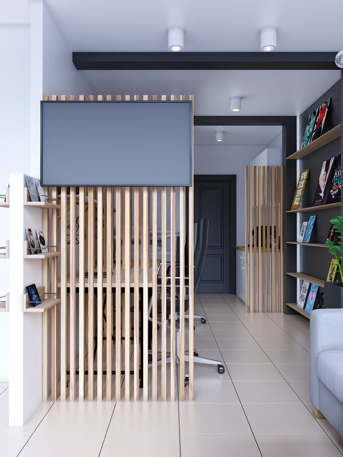 ТВ в клиентской зоне, за стеной из реек-зона дизайнеров