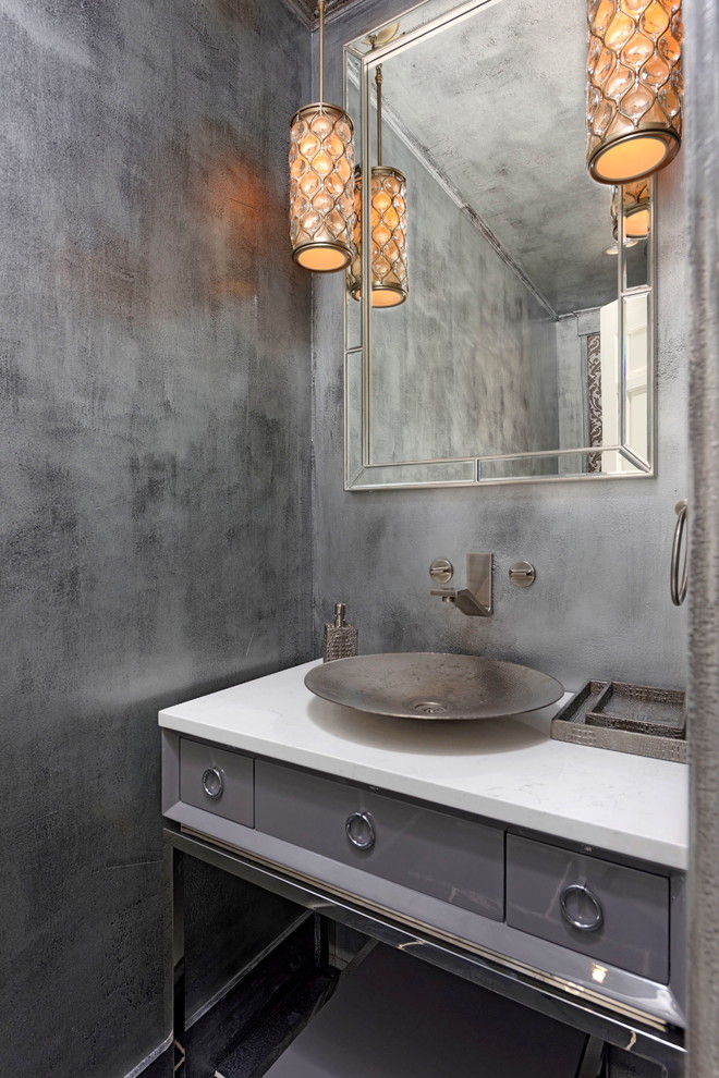 Inspiration for a small traditional powder room in DC Metro with grey cabinets, grey walls, a vessel sink, marble benchtops and furniture-like cabinets.