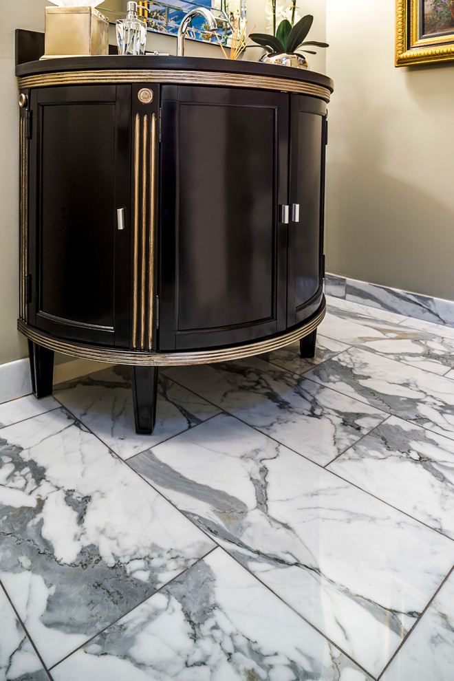 Home design - mid-sized transitional white tile and stone tile marble floor home design idea in Chicago with furniture-like cabinets, gray walls, an undermount sink, granite countertops and dark wood cabinets