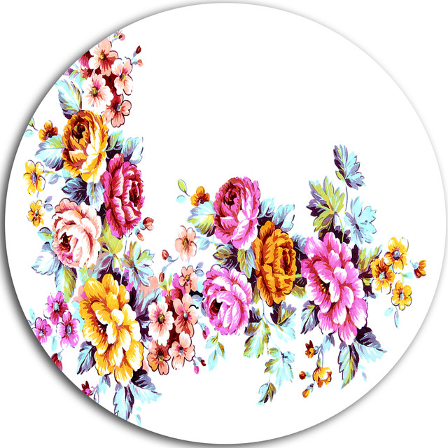 Yellow and Pink Flowers, Modern Floral Art Round Metal Wall Art, Disc