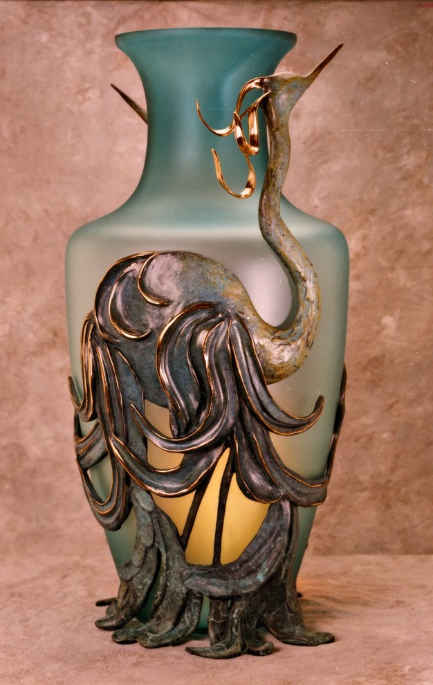 4' Blown glass & bronze vase