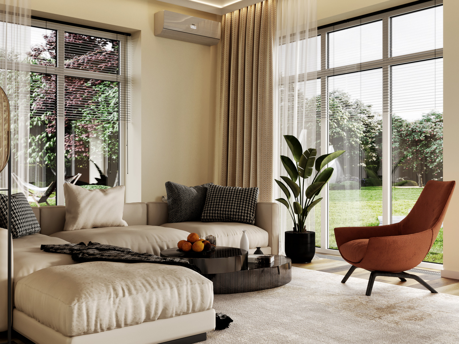 Гостиная в одноэтажном доме 250 кв.м в современном стиле