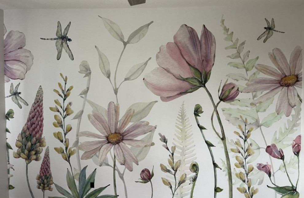 Inspiration for a small transitional girl ceramic tile, black floor, shiplap ceiling and wall paneling nursery remodel in DC Metro with gray walls