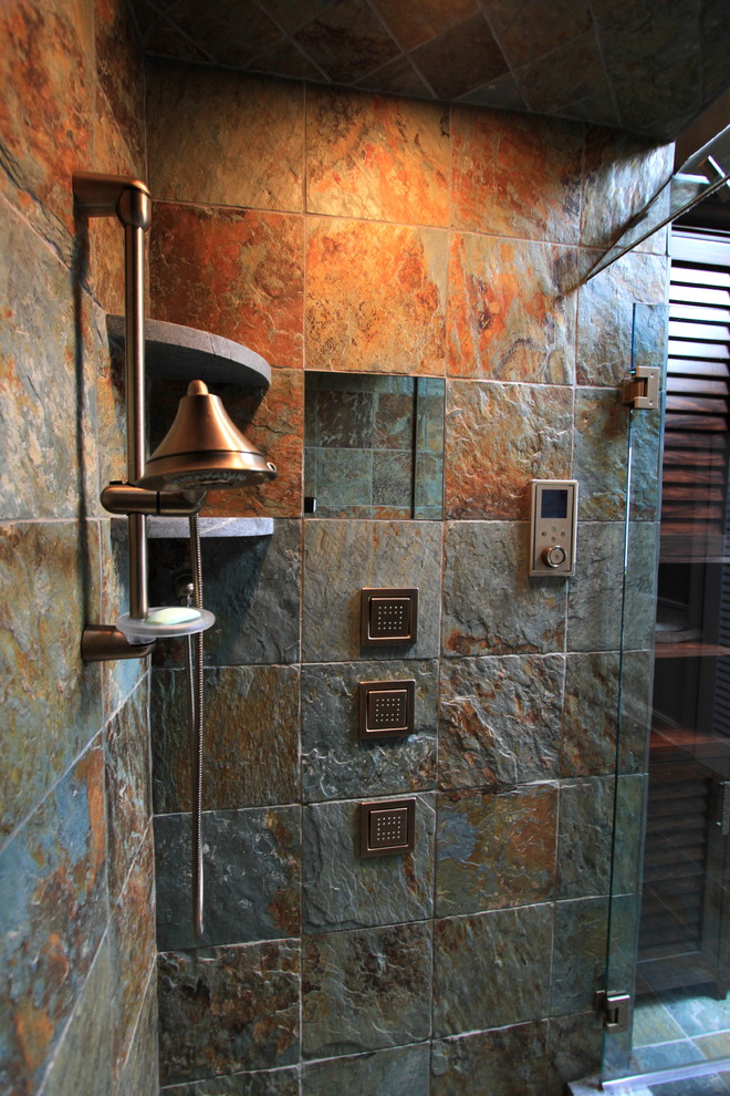 Eclectic bathroom in New York with slate.