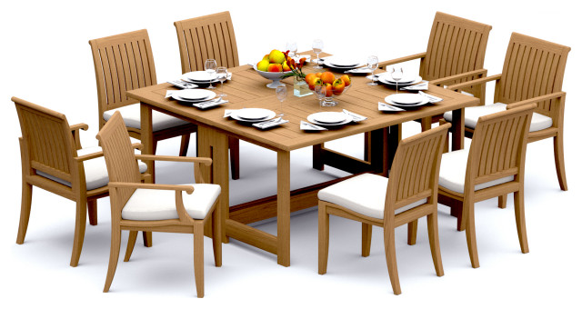 9-Piece Outdoor Teak Dining Set: 60" Square Butterfly Table, 8 Lagos Chairs