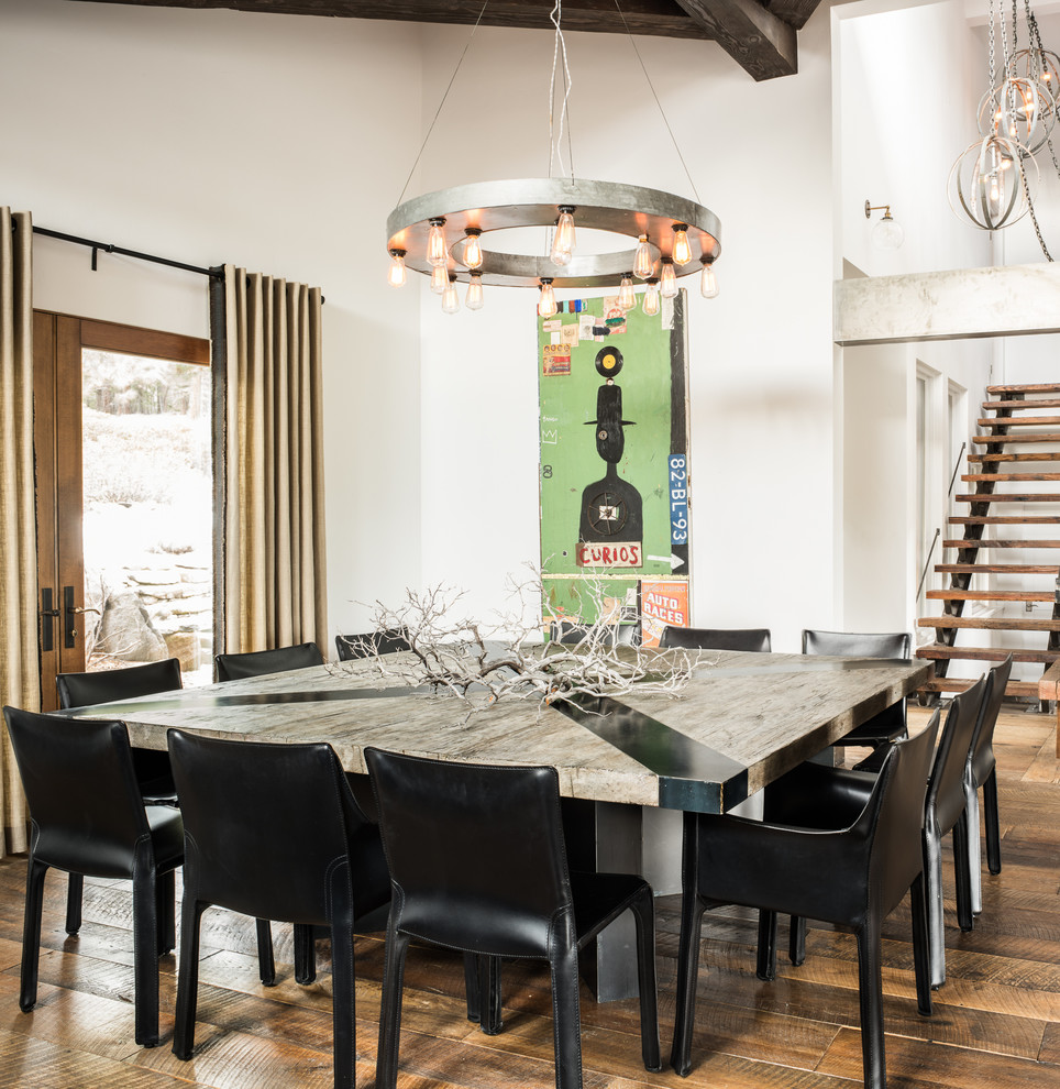 Photo of a large eclectic open plan dining in Sacramento with white walls, medium hardwood floors and no fireplace.
