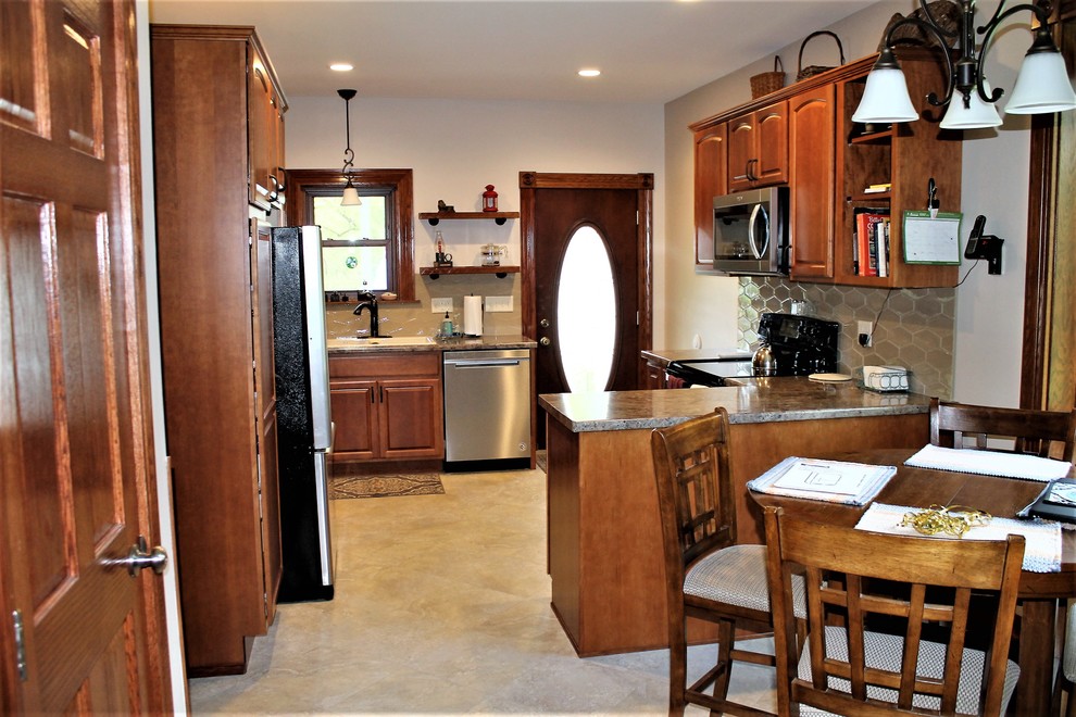 Inspiration for a mid-sized rustic l-shaped vinyl floor and beige floor eat-in kitchen remodel with a farmhouse sink, raised-panel cabinets, medium tone wood cabinets, laminate countertops, beige backsplash, cement tile backsplash, stainless steel appliances, a peninsula and beige countertops