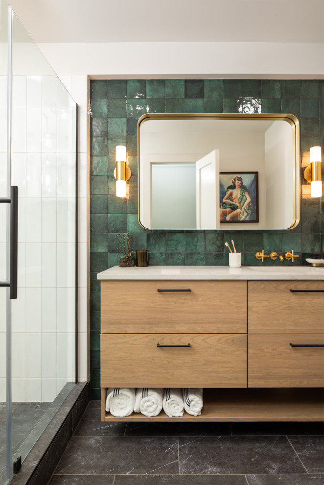 Design ideas for a mid-sized midcentury master bathroom in DC Metro with flat-panel cabinets, brown cabinets, an alcove shower, a two-piece toilet, green tile, ceramic tile, white walls, porcelain floors, an undermount sink, engineered quartz benchtops, black floor, a hinged shower door, grey benchtops, a niche, a single vanity and a floating vanity.