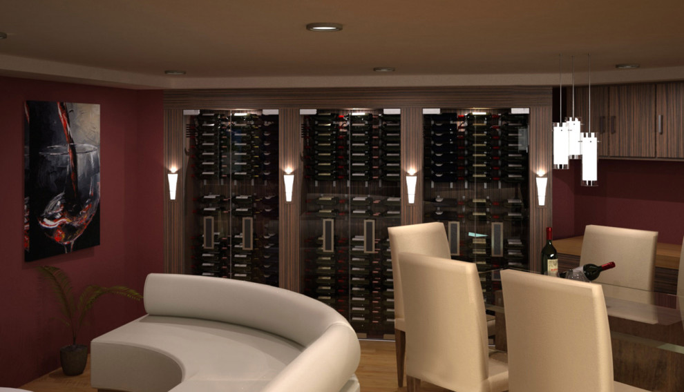 Inspiration for a small contemporary wine cellar in Orange County with display racks.
