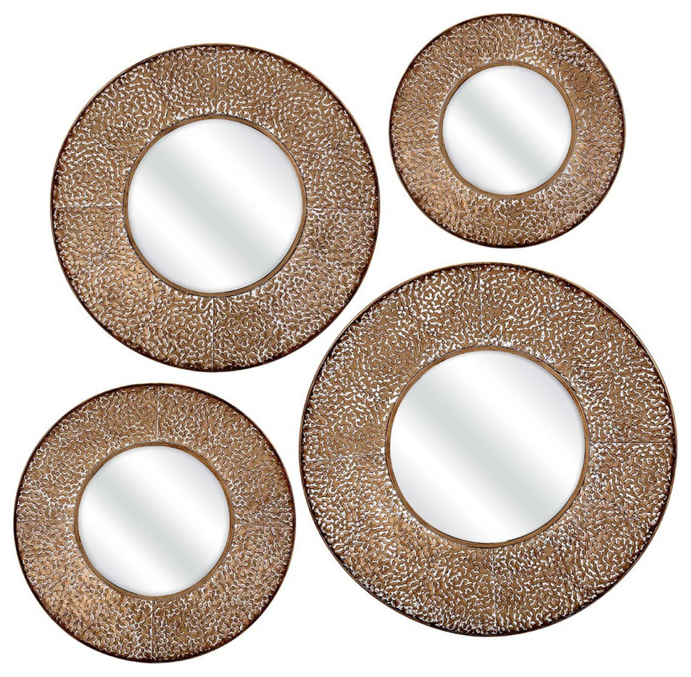 Round Wall Mirrors with Thick Textured Iron Frames, Gold and Clear, Set