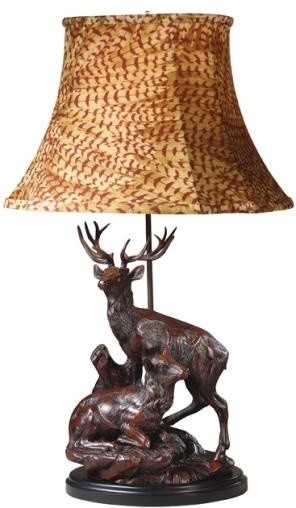 Sculpture Table Lamp Elk Mates Mountain Hand Painted Feather Fabric