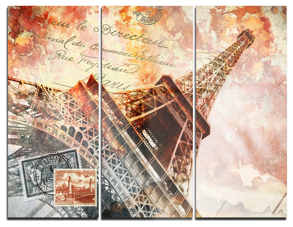 "Eiffel Tower Paris" Metal Wall Art, 3 Panels, 36"x28" Contemporary Metal Wall Art by